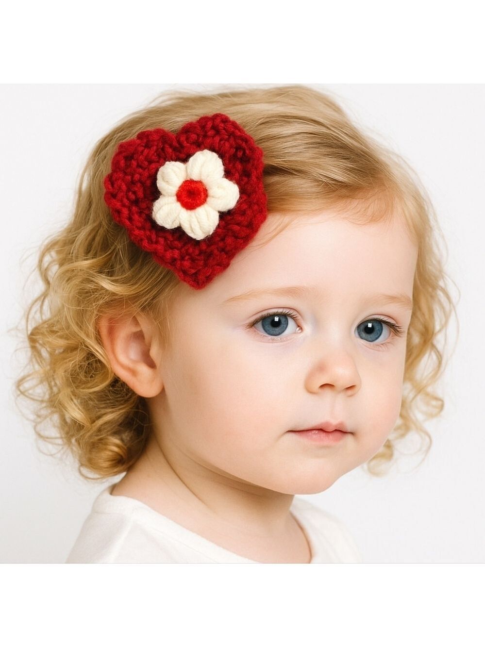 Hand Crafted Red Crochet Chunky yarn Red & white Puffy Flower barrette Hair Clip
